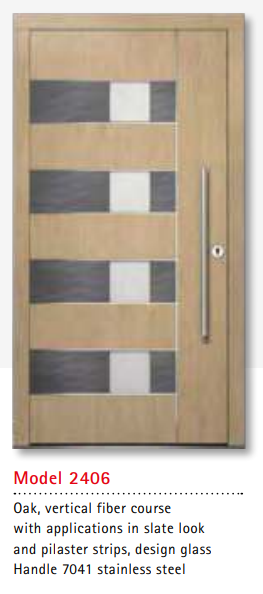 UNILUX Model 2406 Oak Door, Slate Look and Pilaster, Vertical Fiber, Designer Glass, High Security, Premium German Entrance